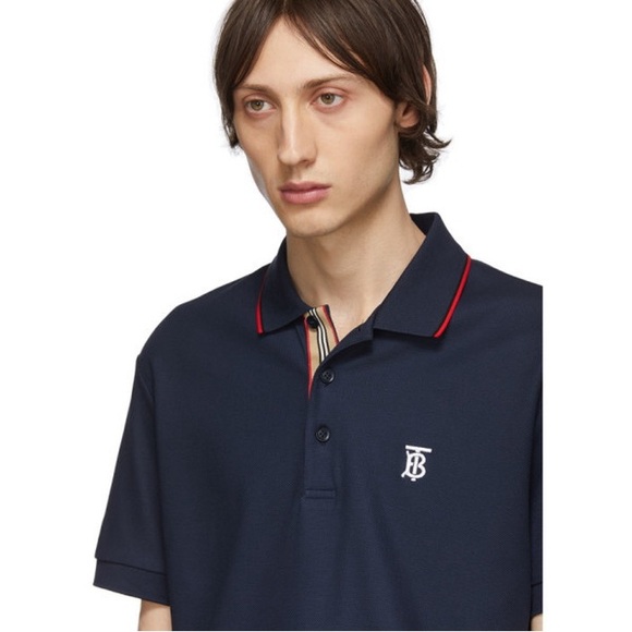 Like New Men’s Size Large Burberry Icon Stripes Walton Polo Shirt In Dark Navy - Picture 5 of 15